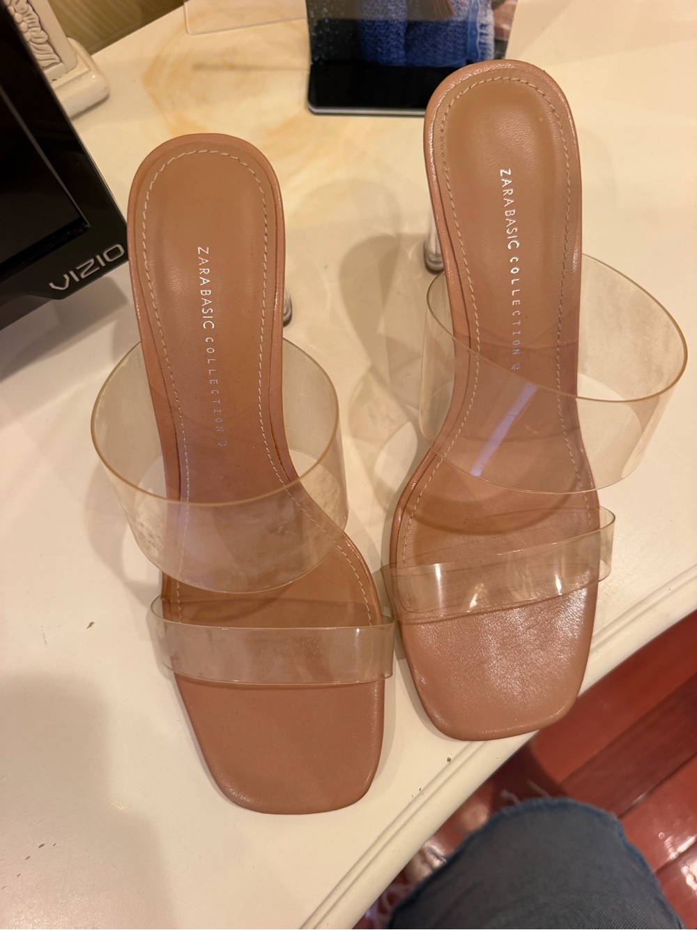 Zara Clear-Strap Tan Slide Heels